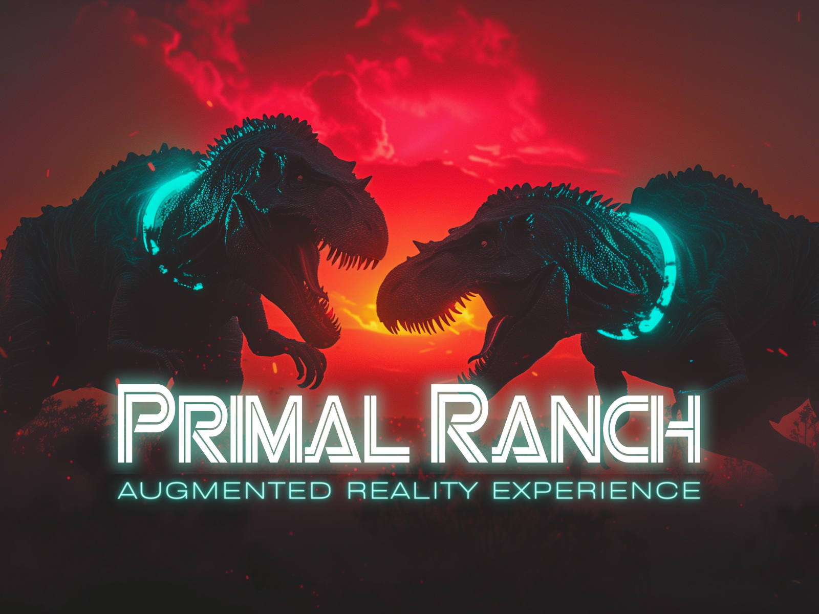 Primal Ranch Augmented Reality Experience - Two dinosaurs facing each other with glowing blue accents against a dramatic red sky