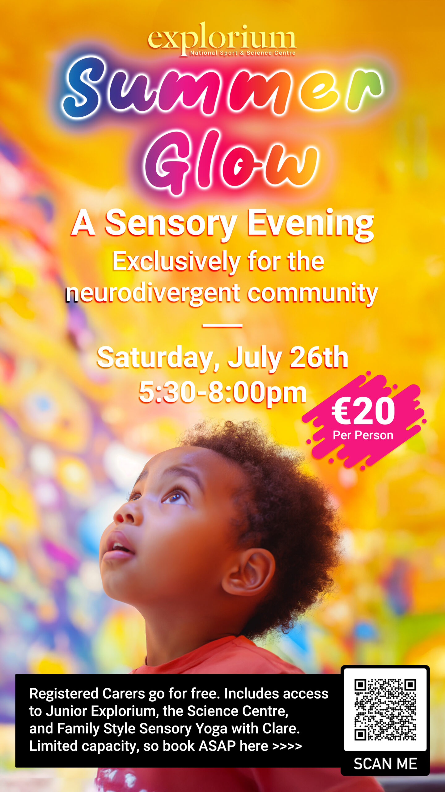 Summer Glow Sensory Evening - A warm, colorful sensory environment with soft lighting and rainbow colors, showing families enjoying inclusive activities