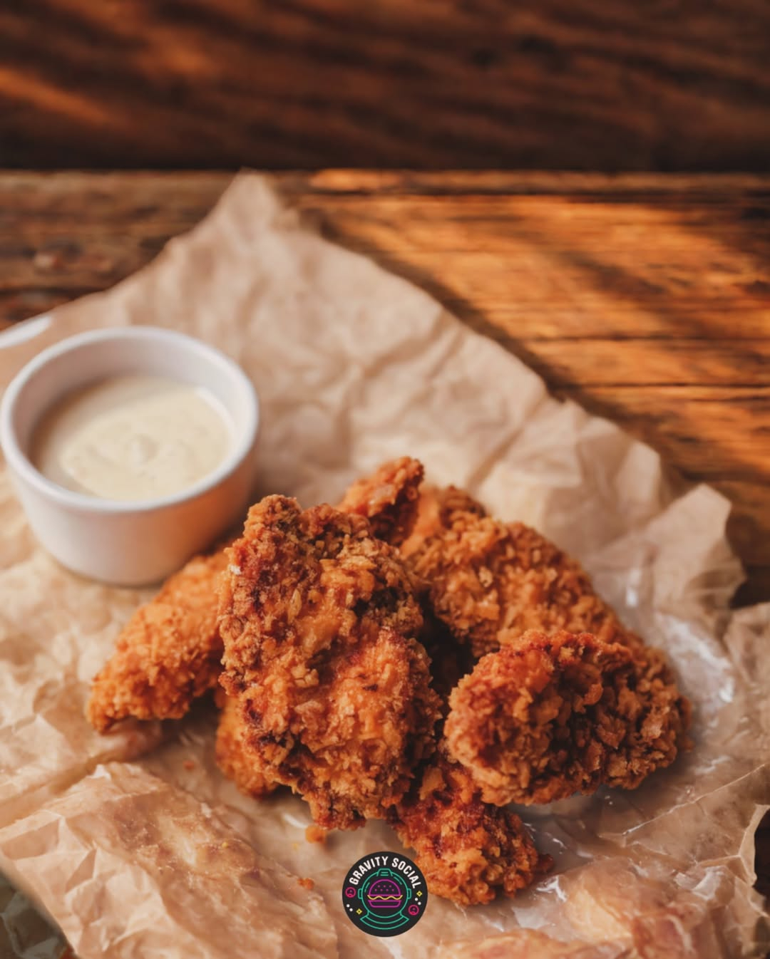 Crispy fried chicken on parchment with creamy dipping sauce, perfect snack or appetizer option.