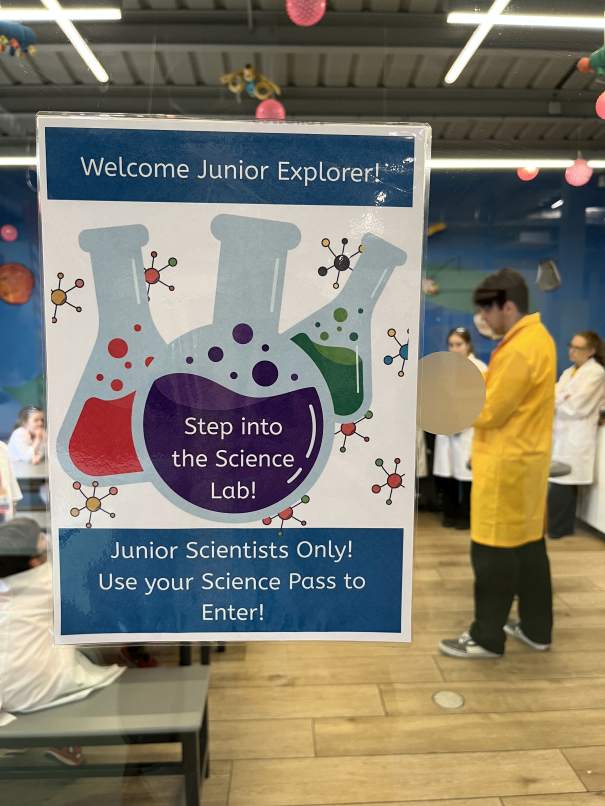 Junior Science Lab sign: Welcome Junior Explorer! Step into the Science Lab! Junior Scientists Only!