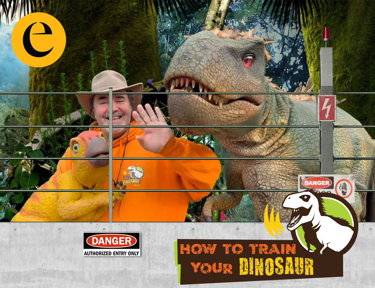 Primal Ranch Augmented Reality Experience - Two dinosaurs facing each other with glowing blue accents against a dramatic red sky
