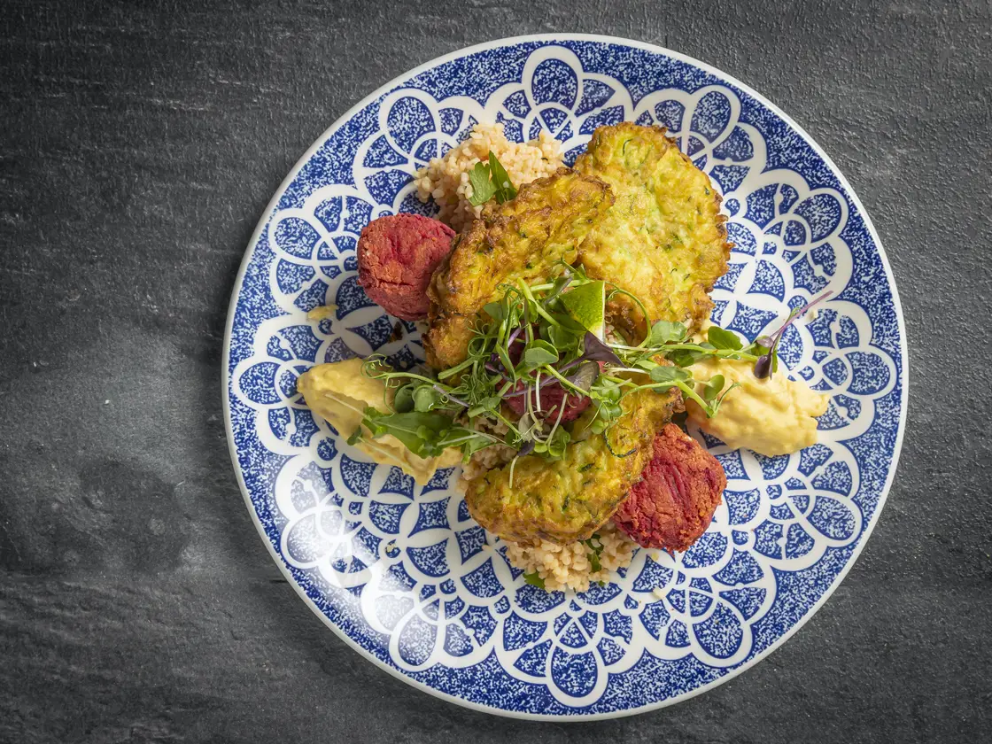 baked-courgette-mucvar-with-golden-fried-garden-beetroot-falafel-1